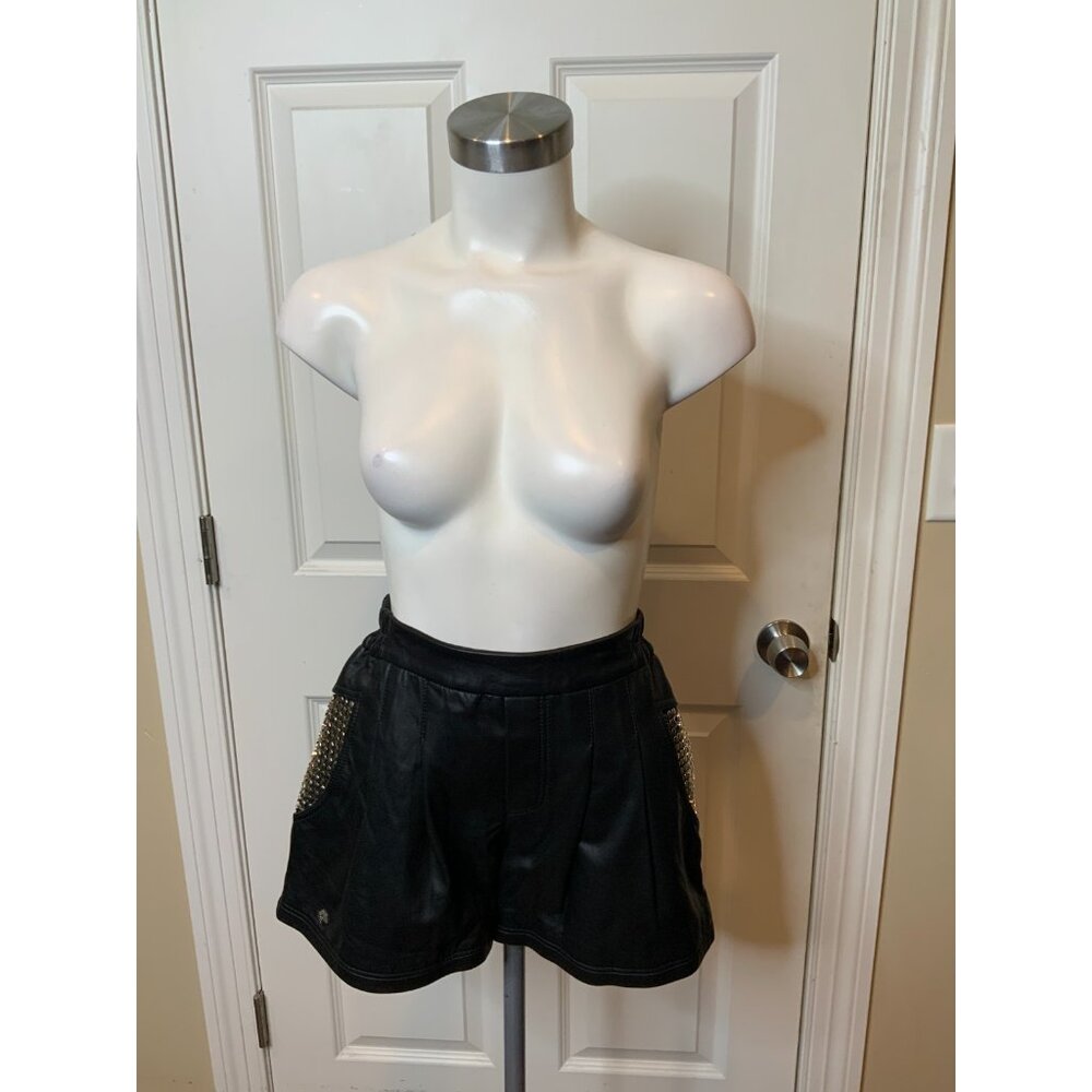 Phillip Plein Couture Black Studded 100% Leather Mini Shorts, Size Small $1,190
